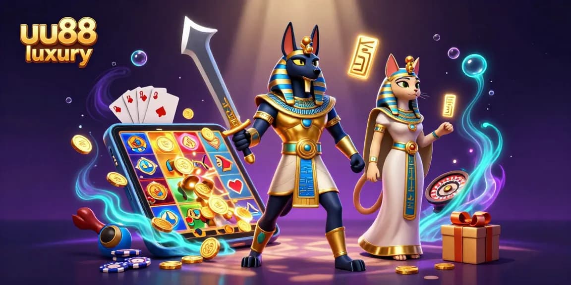 Experience exciting slots at uu88 luxury with 3D Anubis and Bastet in a vibrant casino scene.