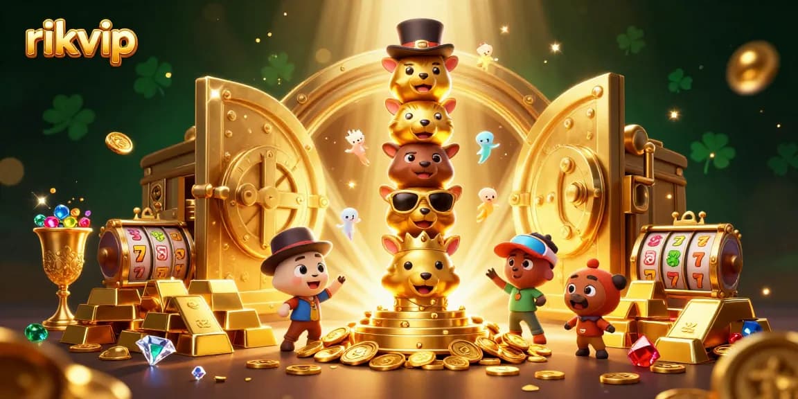 Experience thrilling jackpots at rikvip with vibrant casino elements and a dynamic scene filled with gold treasures.