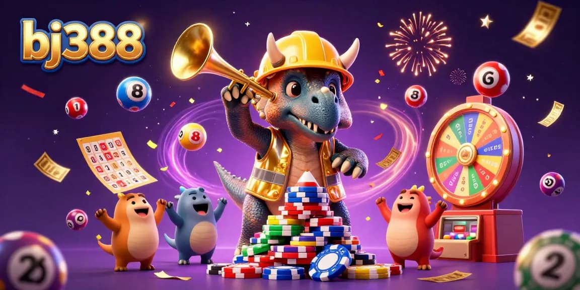 Join the excitement at bj388 with a vibrant celebration of online gambling featuring unique characters and colorful elements.