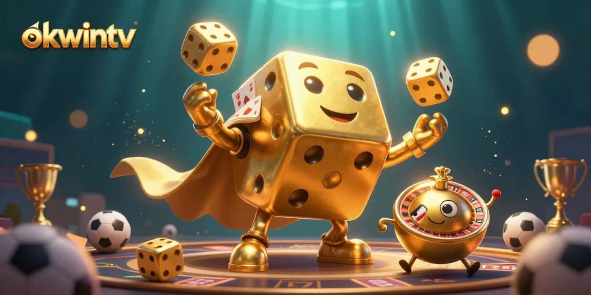 Engage in thrilling sports betting with OKWINTV, featuring dynamic golden dice characters amidst vibrant gaming elements.