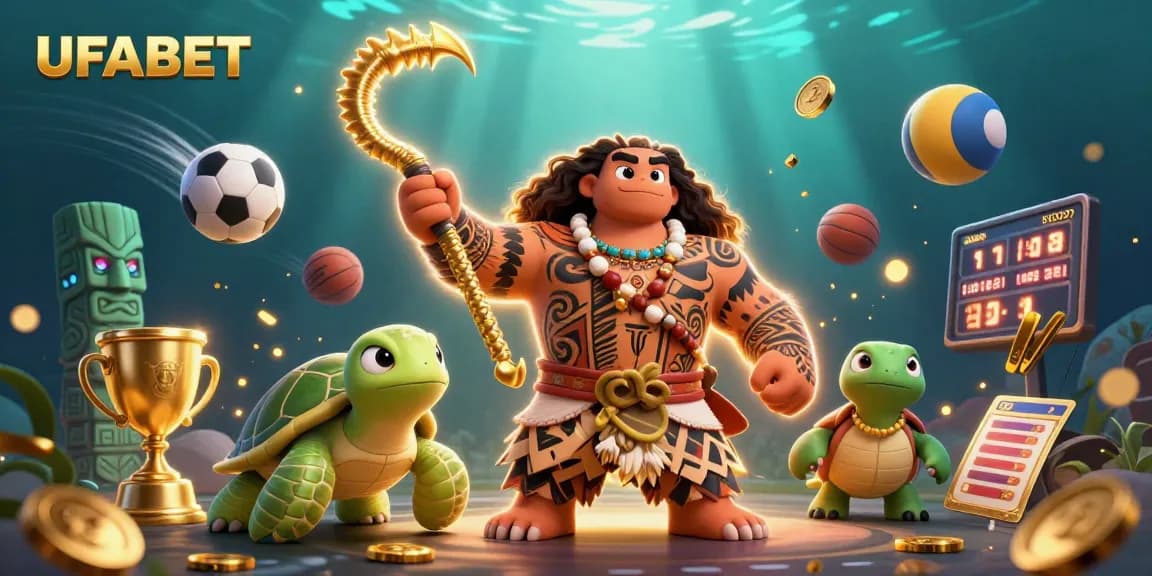 Bet on UFABET with vibrant sports, a demigod hawk, and dazzling elements in 3D illustration.