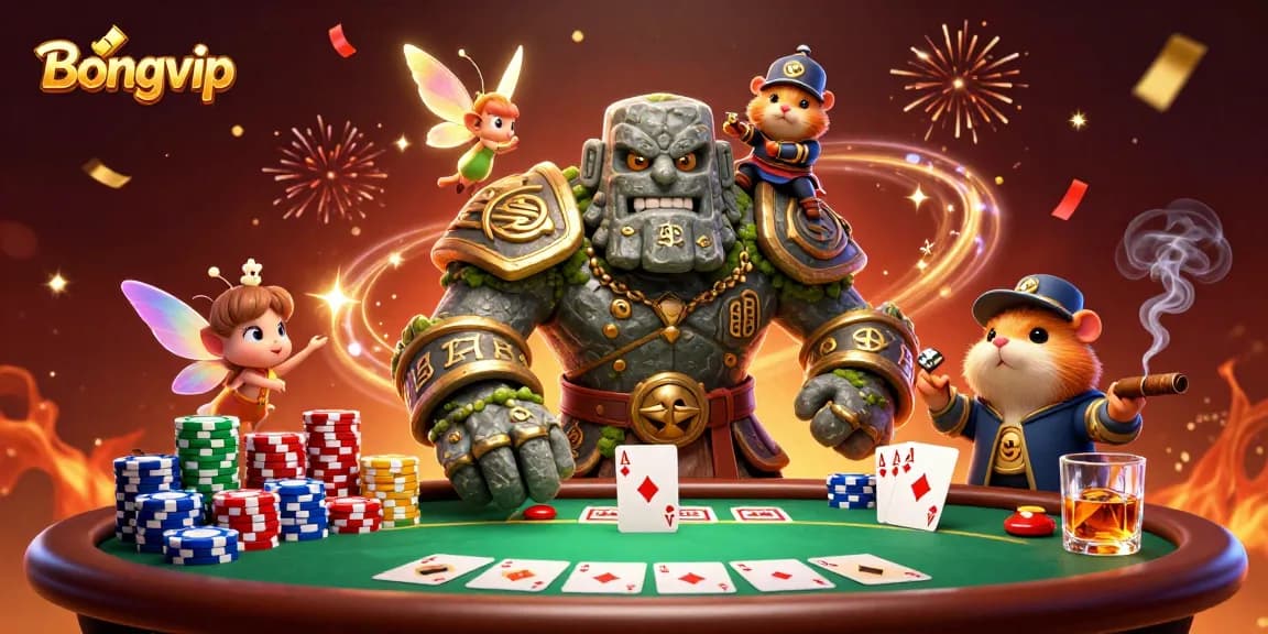 Engage in captivating gaming adventures with Bongvip at a 3D cartoony casino scene featuring magical characters.