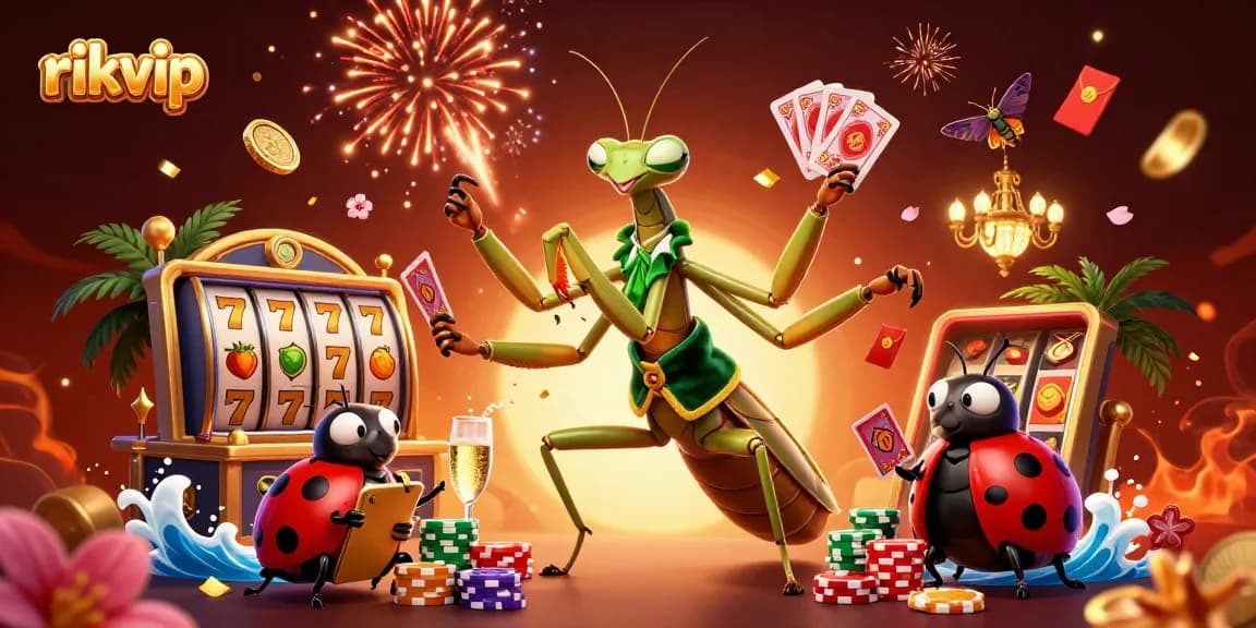 Engage with rikvip's thrilling slot games in this vibrant illustration showcasing casino excitement.