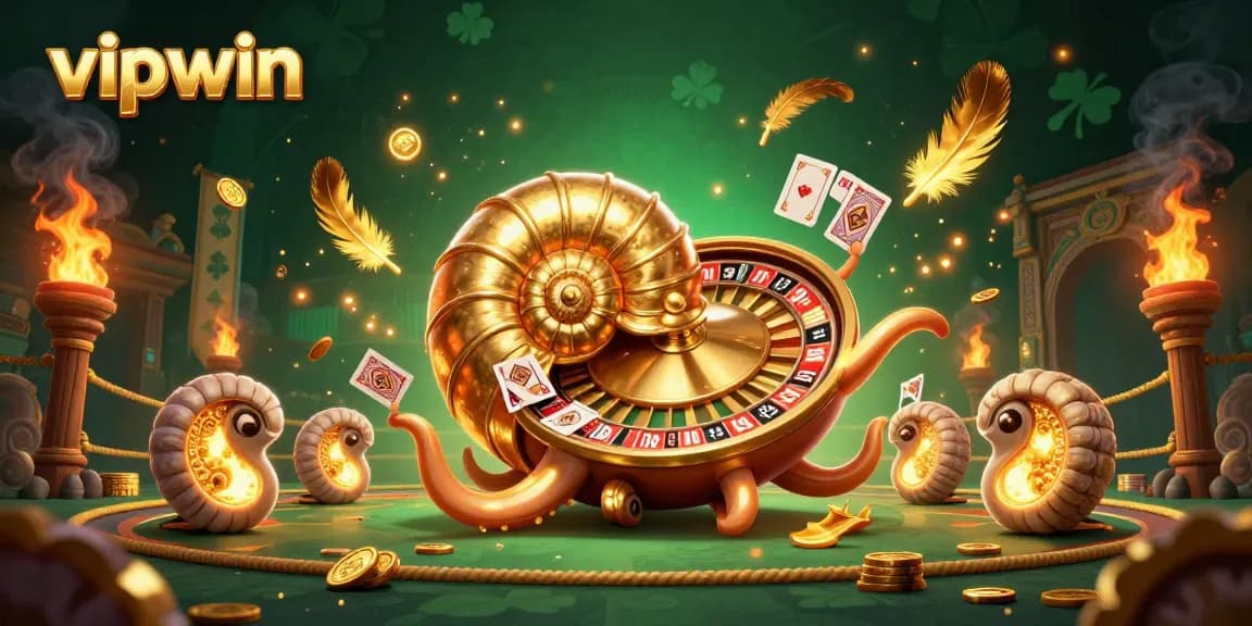 Experience excitement at vipwin with a vibrant scene of a giant nautilus holding poker cards