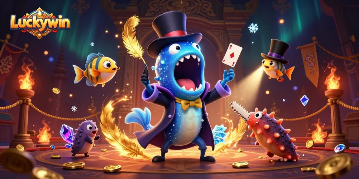 Experience the thrill of Luckywin as a magical deep-sea scene unfolds with card tricks and bright treasures.
