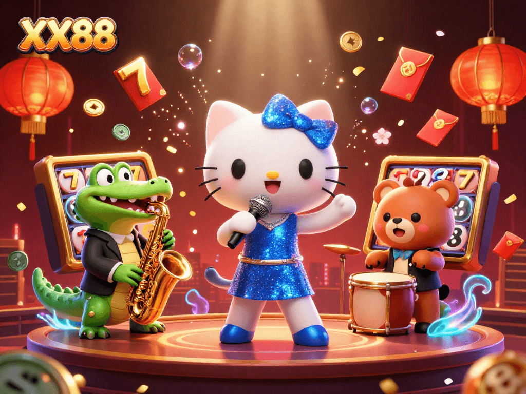 Experience the vibrant energy of XX88 with engaging characters and lively casino elements in this stunning illustration.