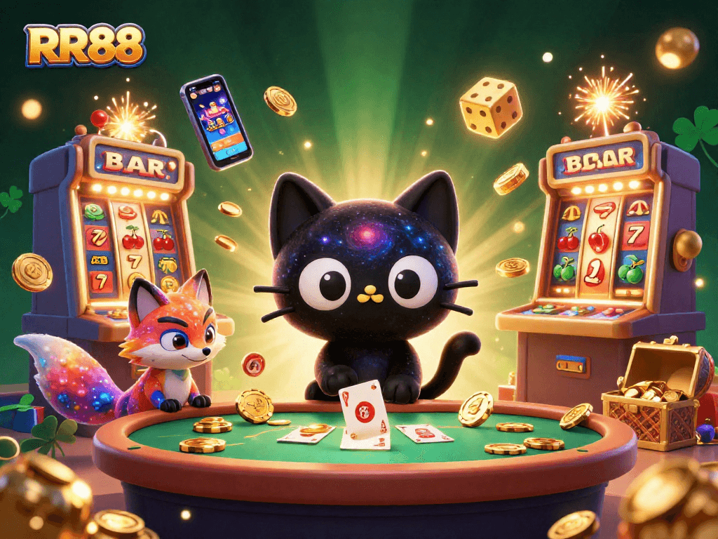 Win big with RR88 at a cosmic casino featuring interactive characters and vibrant games.