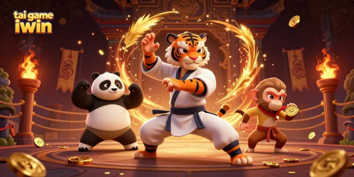 Experience the thrill of tai game iwin with a vibrant 3D scene featuring a kung fu tiger and his students.