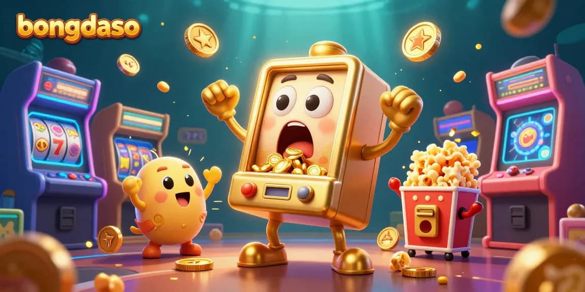 Bongdaso slot machine hits jackpot, showering coins while cheerful baby slots celebrate.