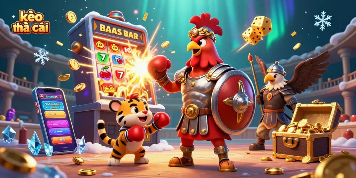 Engage with kèo nhà cái in this vibrant 3D scene showcasing a rooster warrior amid a casino explosion of excitement!