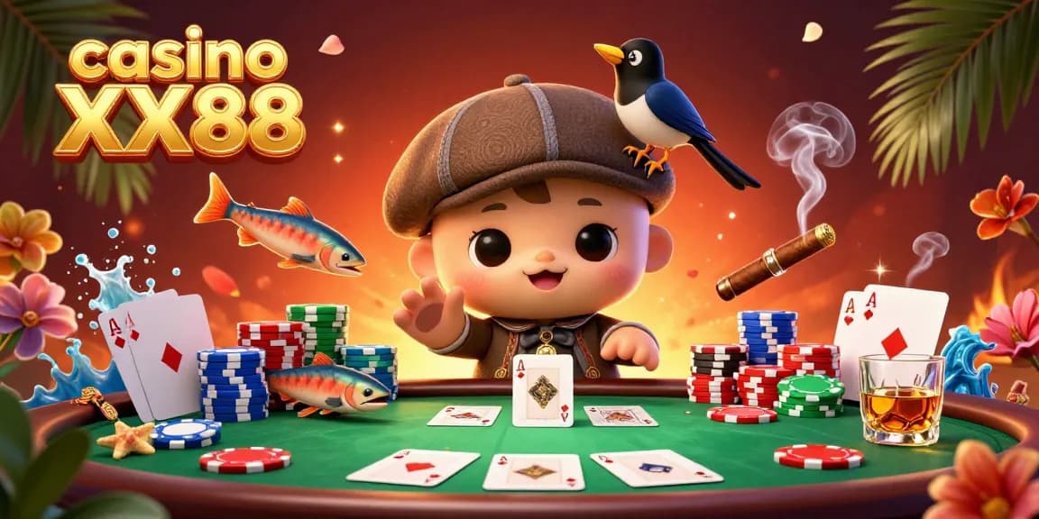 Experience the thrill of casino XX88 with playful cartoon characters in a vibrant poker setting.
