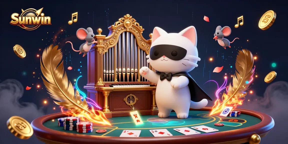 Sunwin engages players with vibrant 3D casino action featuring a charming cat at a poker table with dynamic game elements.
