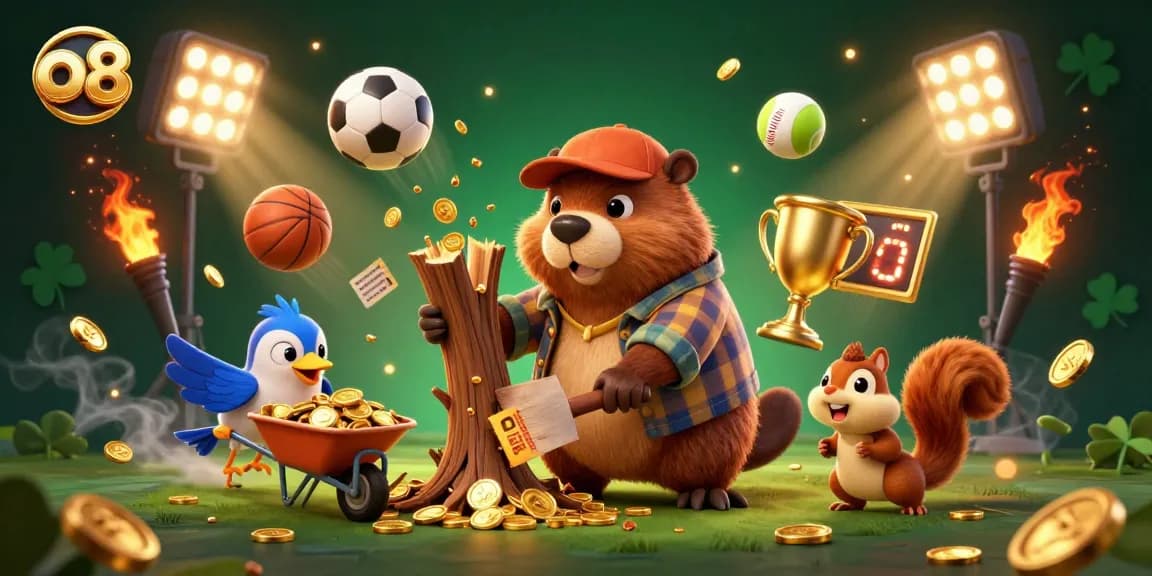 Win at O8's online casino with engaging games featuring a beaver, bird, and squirrel collecting golden coins.