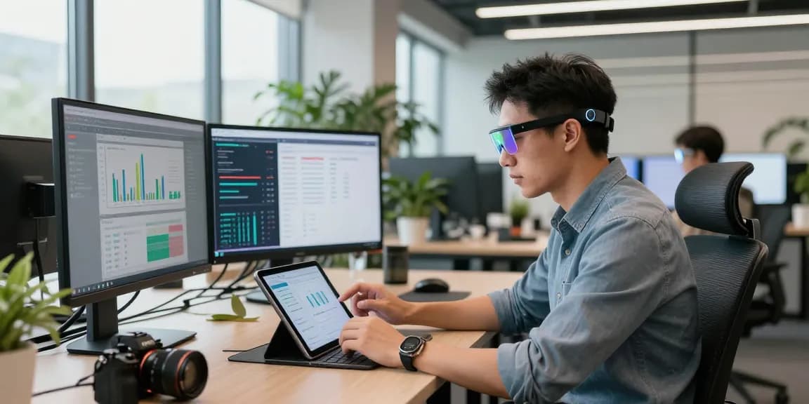 Professional in smart AI wearables interacting with high-tech workspace tools and screens.