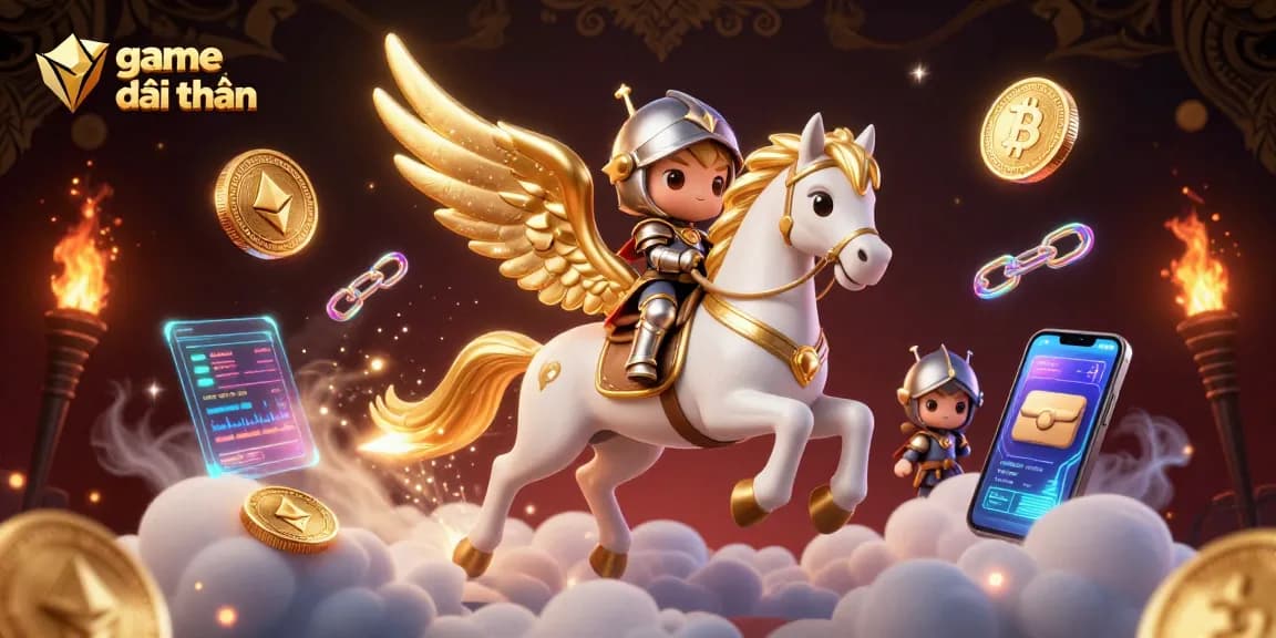 Engage in game đổi thưởng with a dynamic scene featuring a celestial horse, knight, and glowing crypto elements.