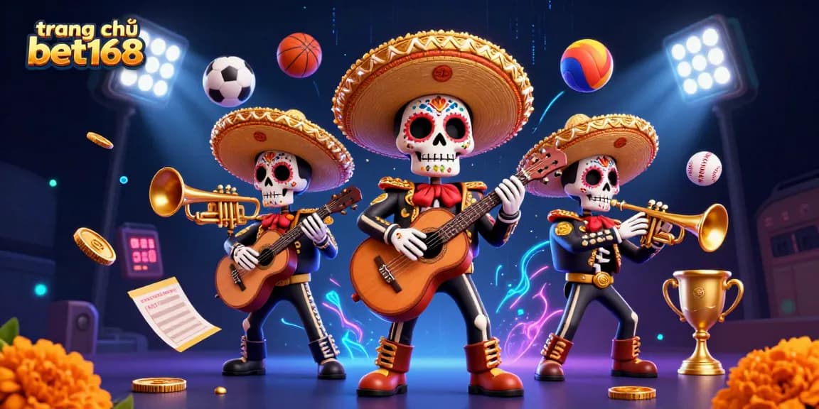 Experience the colorful energy of trang chủ bet168 with a 3D mariachi band amidst dynamic sports betting elements.