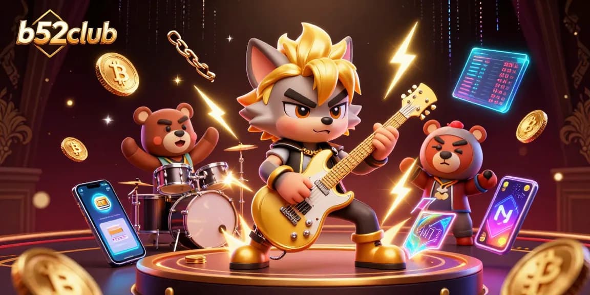 B52club ignites excitement with a 3D cartoon wolf guitar solo amidst digital casino elements and neon effects