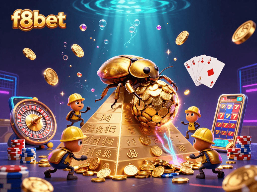 Experience the thrill of f8bet casino with dynamic golden beetles and casino elements in a vibrant 3D illustration.
