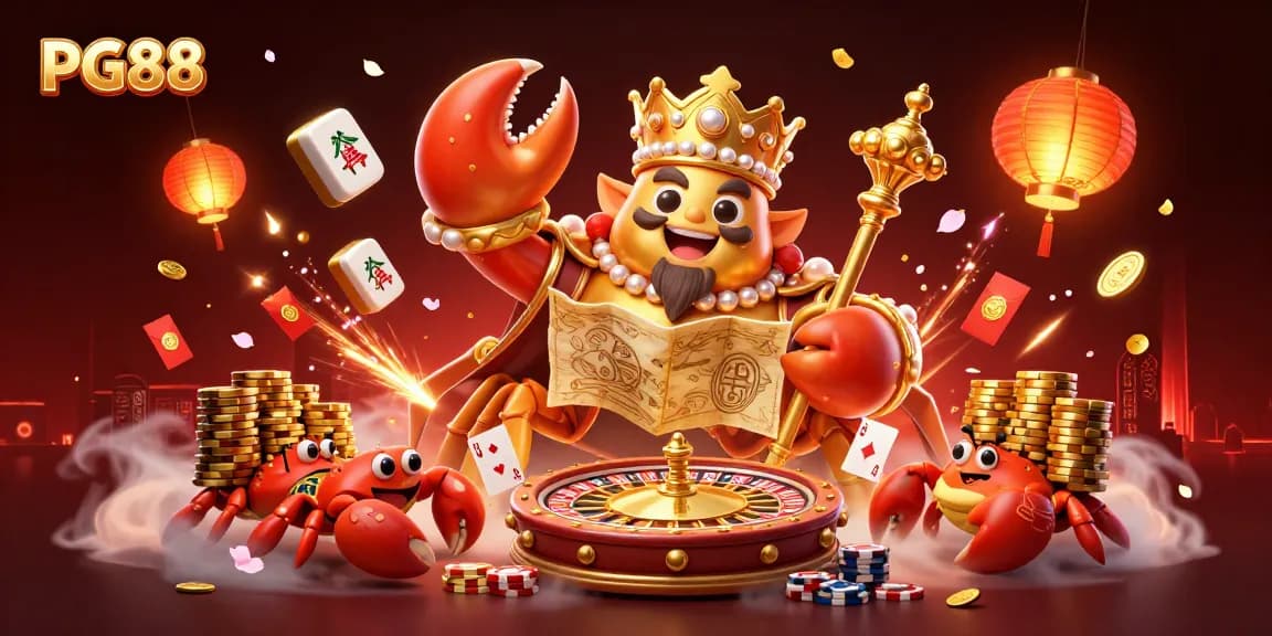 Spin the reels at PG88 live casino with a festive 3D crab emperor and vibrant gaming elements.