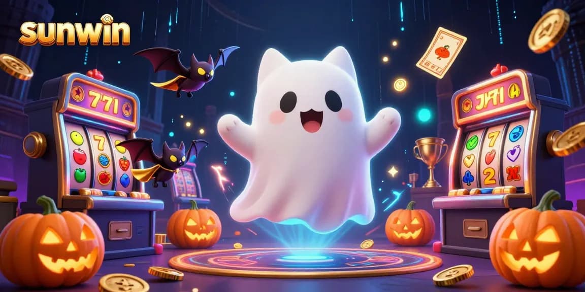 Experience thrilling gambling action with sunwin's captivating floating ghost cat and vibrant casino elements.