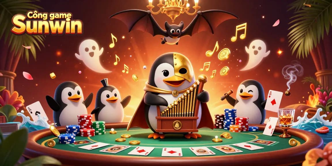 Cổng game Sunwin brings excitement as the phantom penguin plays organ with winning poker elements.