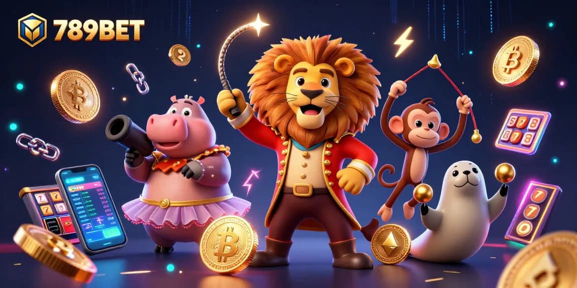 Engage with 789BET as a lion ringmaster leads a vibrant 3D casino scene filled with cryptocurrencies.