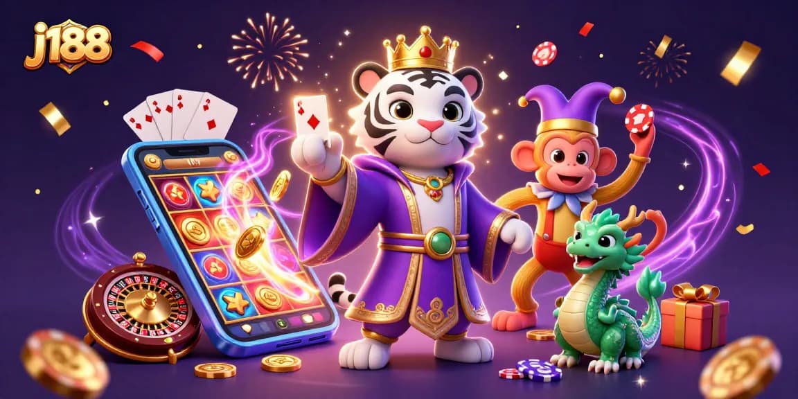 Engage with j188's colorful casino thrill featuring a royal white tiger, jester monkey, and lively jade dragon.