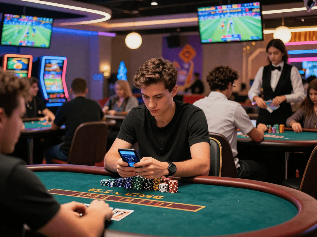 Exciting online betting experience at CV666 casino featuring players at gaming tables and a young man using the CV666 app.