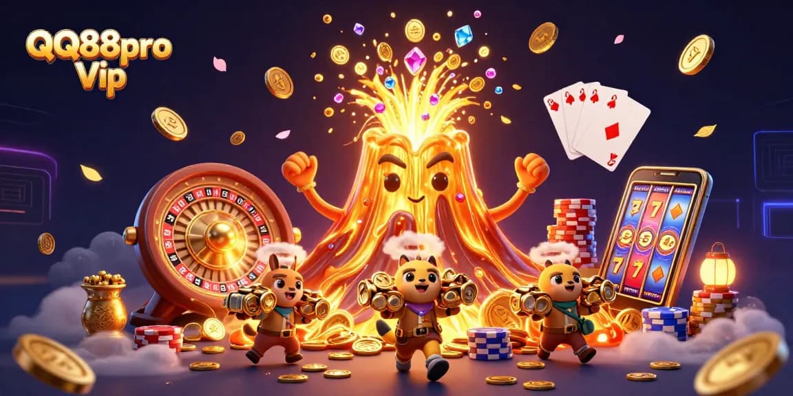 Experience excitement and treasure with QQ88pro Vip, featuring dynamic golden volcano and gaming elements.