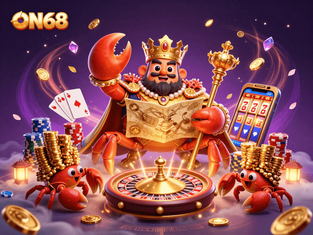 Feel the excitement at ON68 as the golden crab emperor rules a vibrant casino scene.