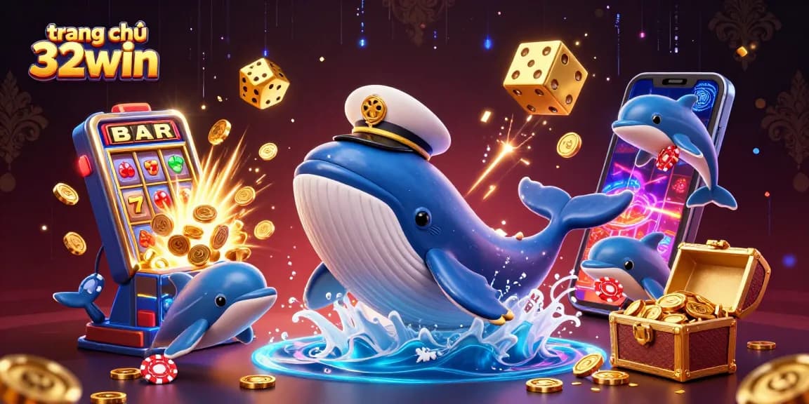 Experience the excitement at trang chủ 32win with a vibrant casino scene of a whale, narwhal, and dolphins!
