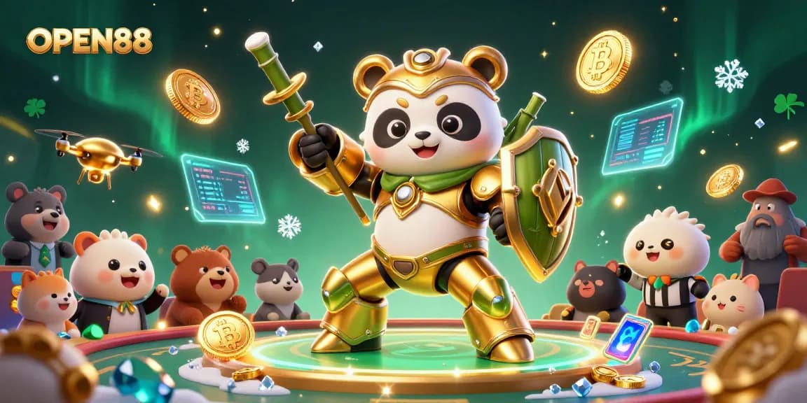 Experience the thrill of OPEN88 with a dynamic 3D illustration of a mech-suit golden panda in a lively casino setting.