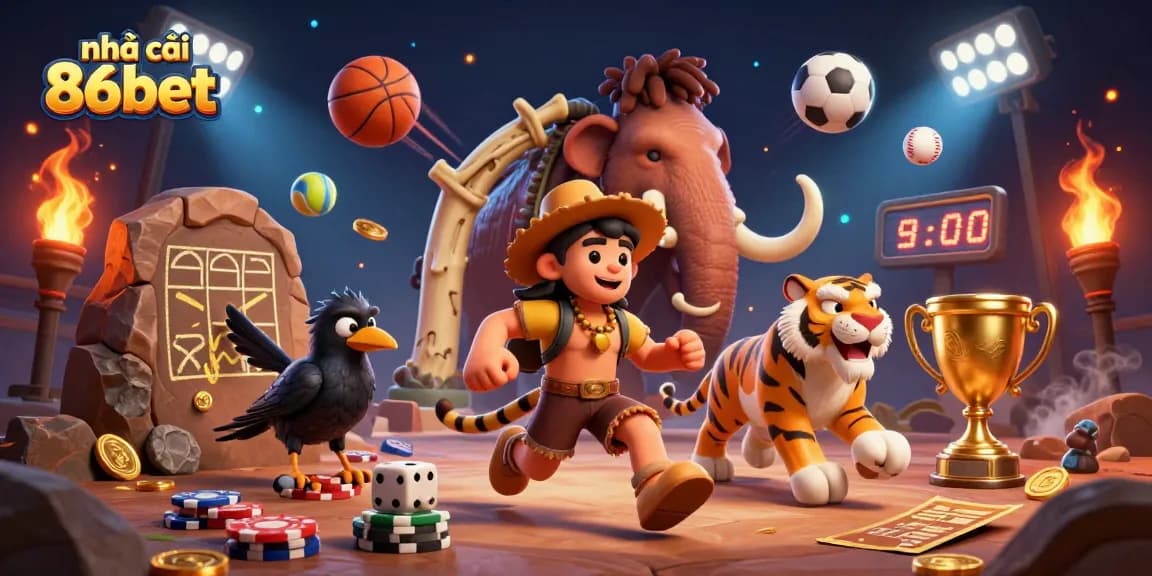 Engage with nhà cái 86bet in a vibrant casino scene of ancient gaming with energetic characters and dynamic sports elements.
