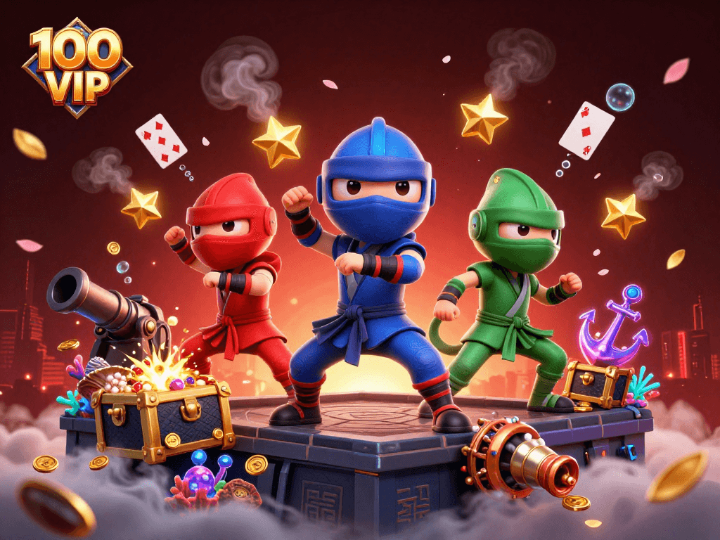 Experience thrilling action with 100 VIP as ninja chameleons conquer a vibrant casino scene.