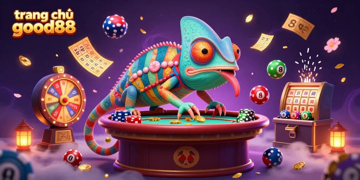 Explore the vibrant world of trang chủ good88, featuring a chameleon casino owner amid festive lottery elements.