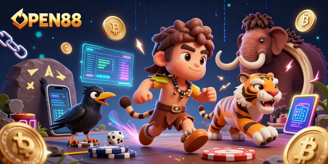 Engage in thrilling gameplay at OPEN88, a prehistoric casino with caveman characters and vibrant crypto elements.