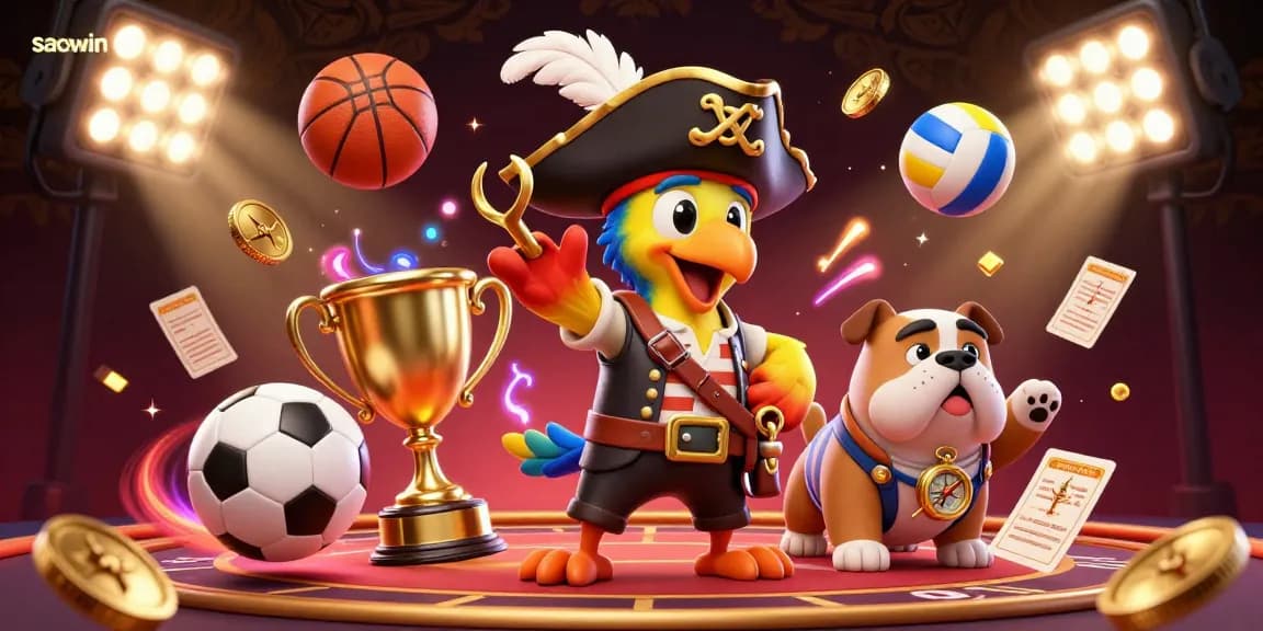 Experience saowin with a thrilling 3D cartoon casino scene featuring pirate characters and dynamic sports elements.