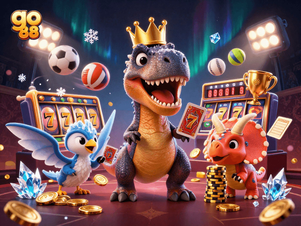Experience thrilling gameplay as go 88 presents a vibrant casino scene with animated dinosaurs and 3D gaming elements.