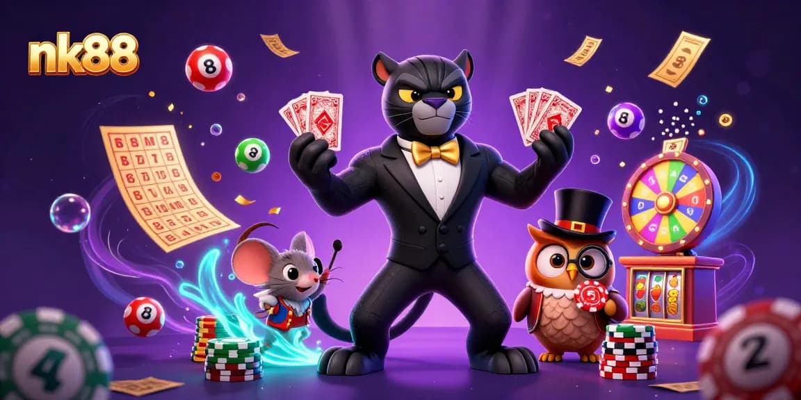 Experience the thrill of nk88 with a lively casino scene featuring stylish characters and engaging symbolism.