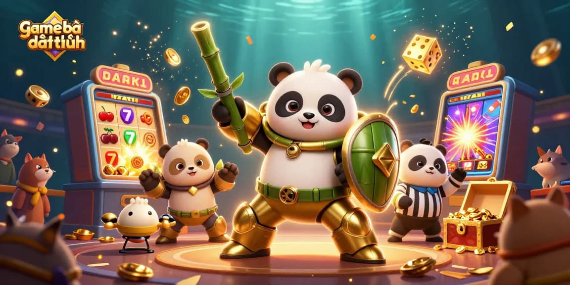 Experience game bài đổi thưởng excitement with a panda in a mech-suit surrounded by jackpot symbols and vibrant casino elements.