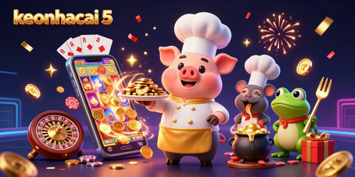 Bet on keonhacai 5 in an engaging, festive casino scene with lively characters and game elements.