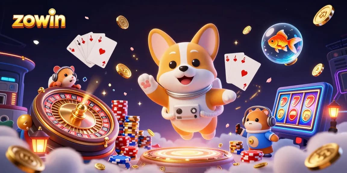 Engage with thrilling gameplay at zowin in a vibrant casino space adventure featuring floating coins and characters.