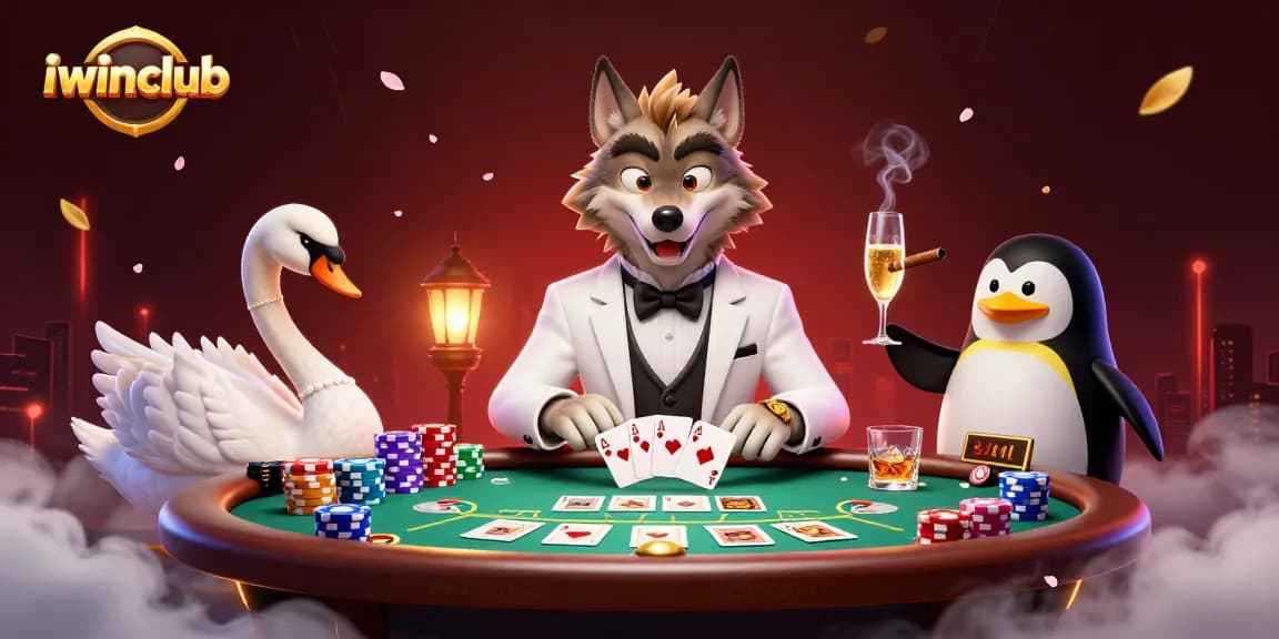 Join the excitement at iwinclub with a dynamic baccarat scene featuring animated characters playing high-stakes cards and enjoying champagne.