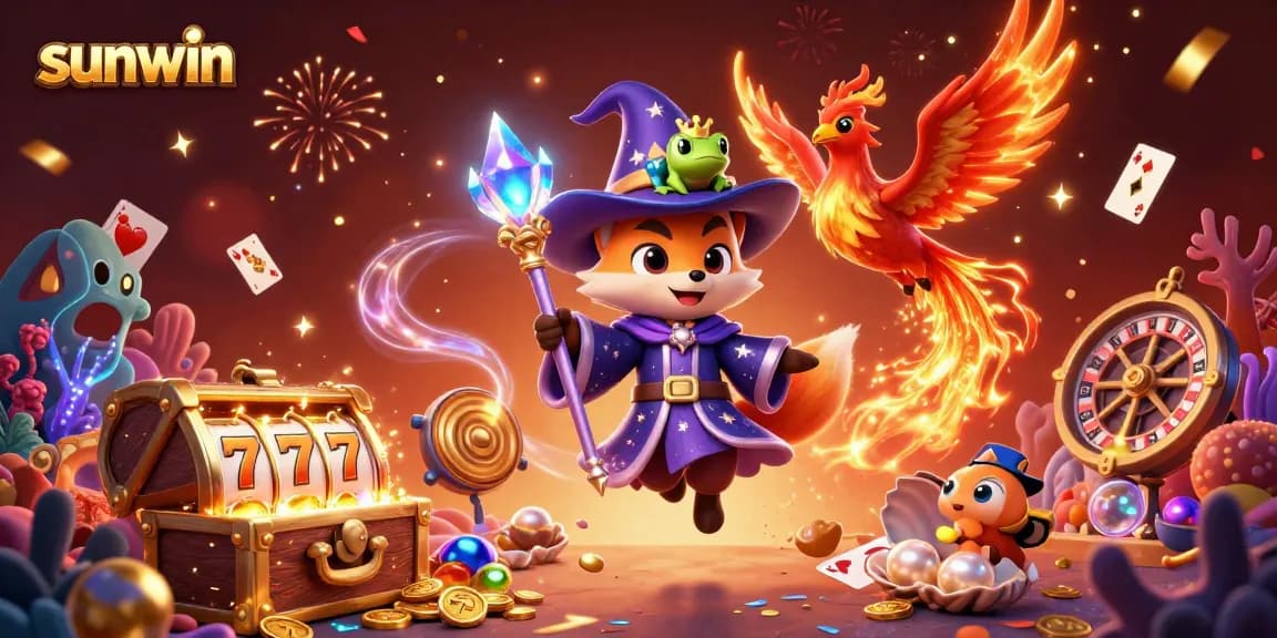 Experience thrilling wins with sunwin in this magical casino scene featuring a wizard fox and phoenix.