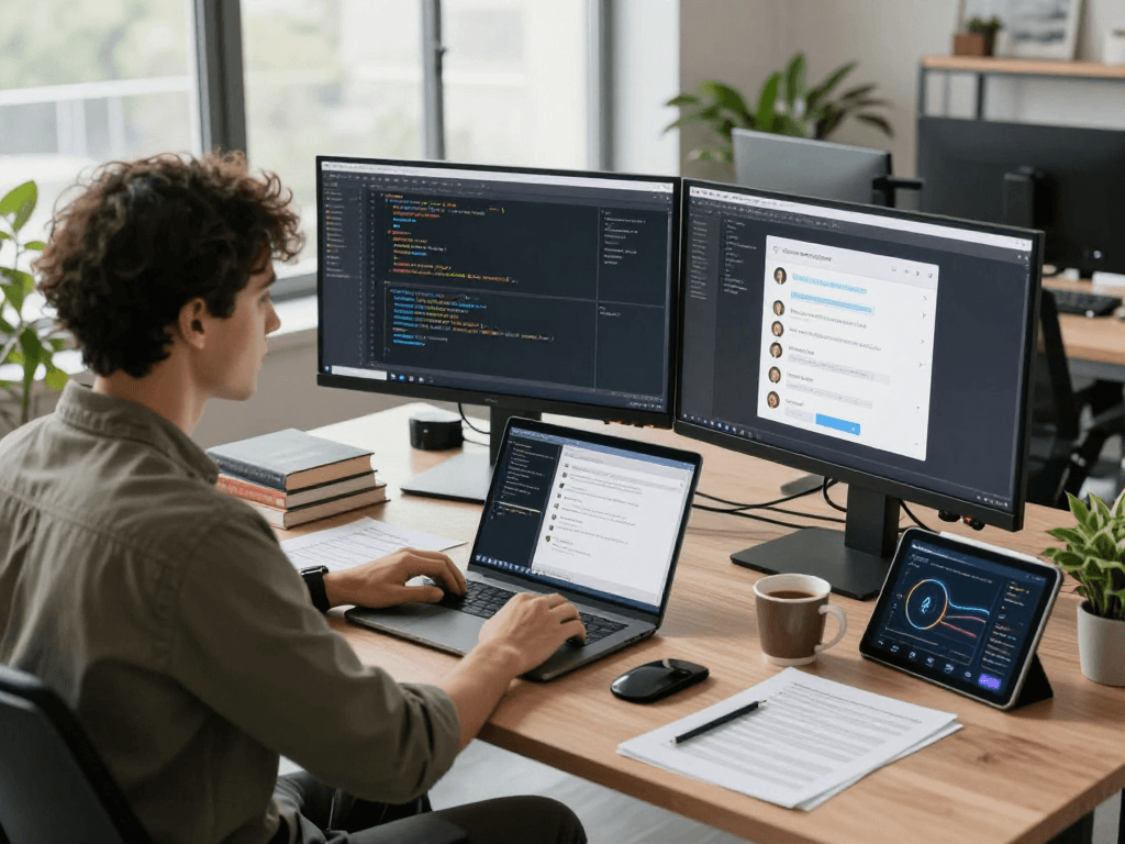 Focused software engineer coding in a modern workspace for nsfw AI chat development.