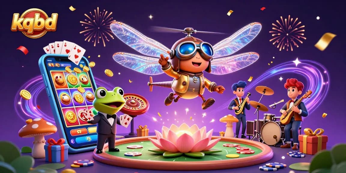 KQBD showcases a vibrant gambling scene with a dragonfly pilot and frog croupier amidst casino elements.