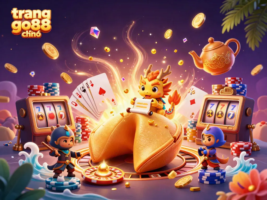 Engage with trang go88 chính, a vibrant 3D casino scene featuring a golden fortune cookie and colorful game elements.