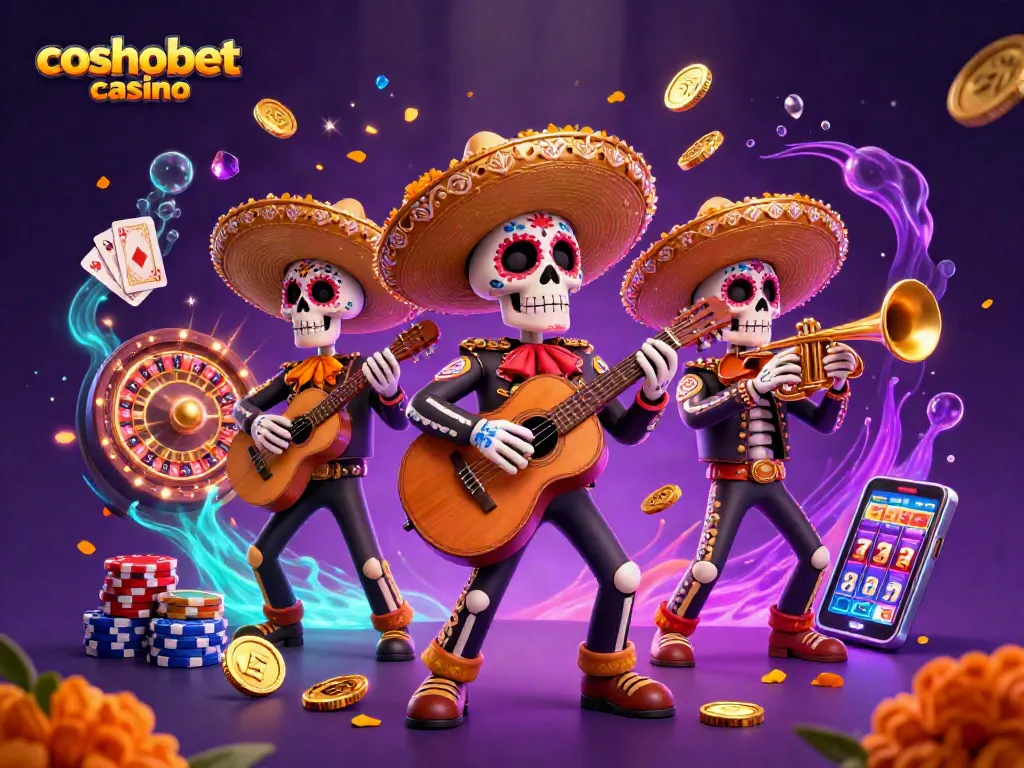Experience the excitement at cosmobet casino with a vibrant 3D illustration of a mariachi band and casino games.