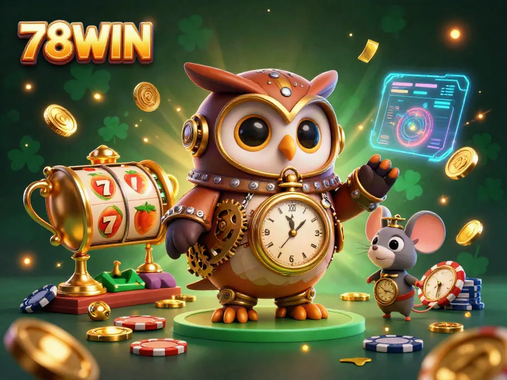 Experience thrilling 78WIN moments with a lavish casino scene featuring an owl and a mouse.