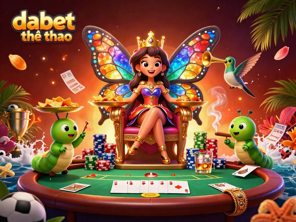 Engage with dabet thể thao as the butterfly queen presides over a vibrant sports betting scene with dynamic elements.